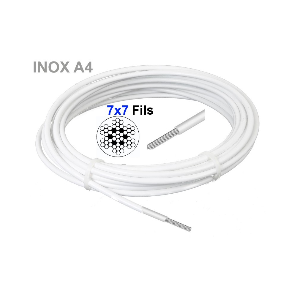Cable 7x7 inox A4 Gainé PVC Transparent 4 x 5 mm inox VENDU AU Mètre 